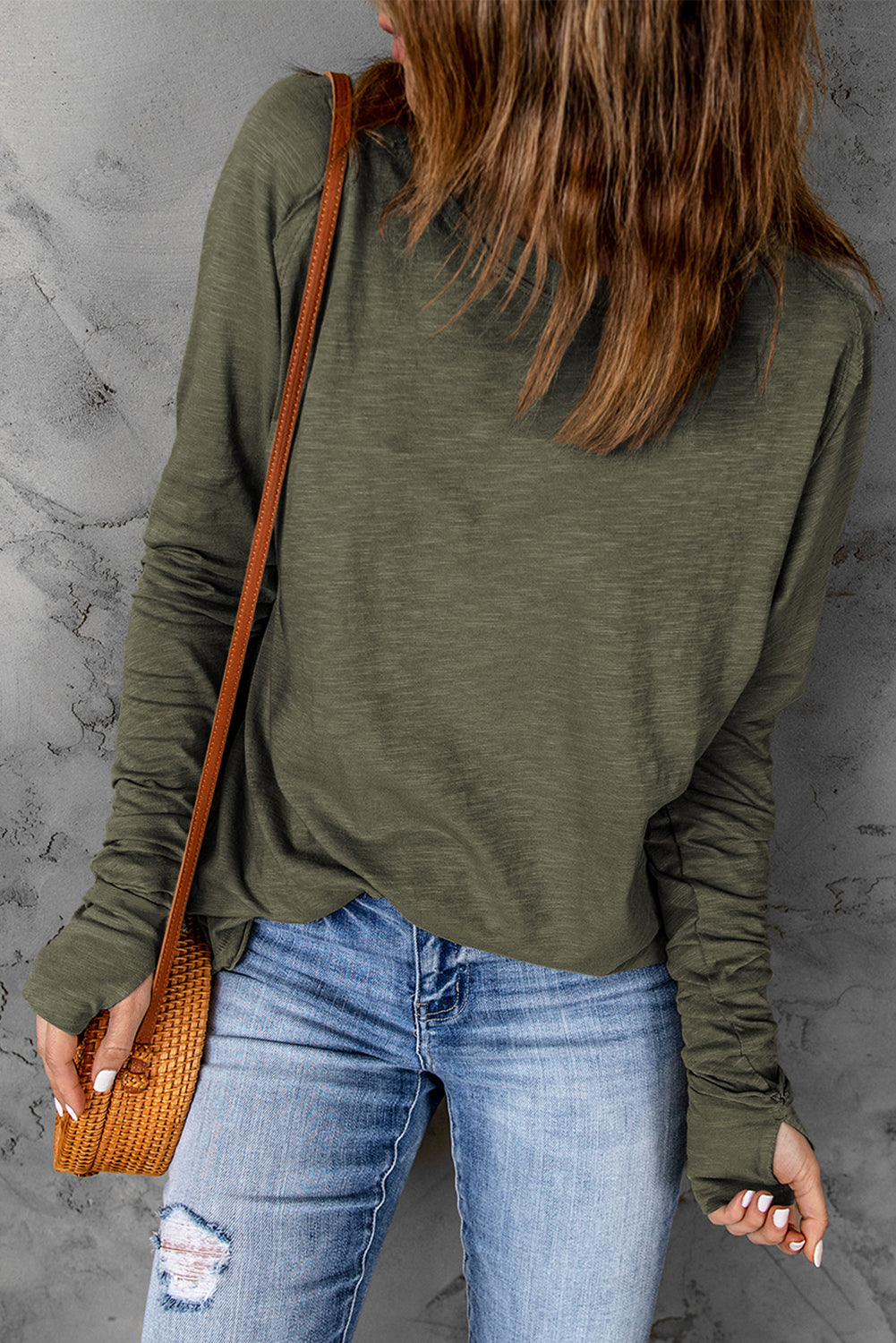 Solid Crew Neck Long Sleeve Top | Green