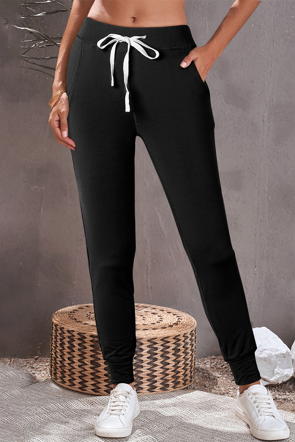 Drawstring Waist Pocketed Joggers | Black