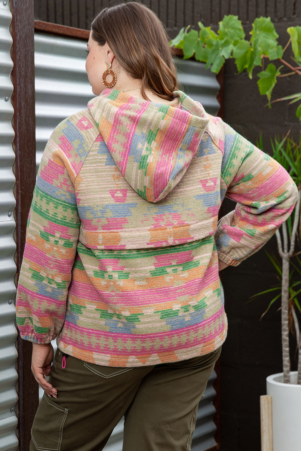 Plus Size Western Aztec Geometric Pattern Zip Up Hoodie | Multicolour