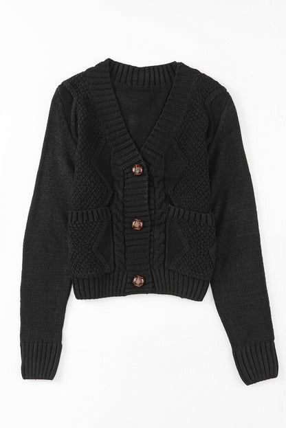 Front Pockets Buttons Textured Cardigan | Black