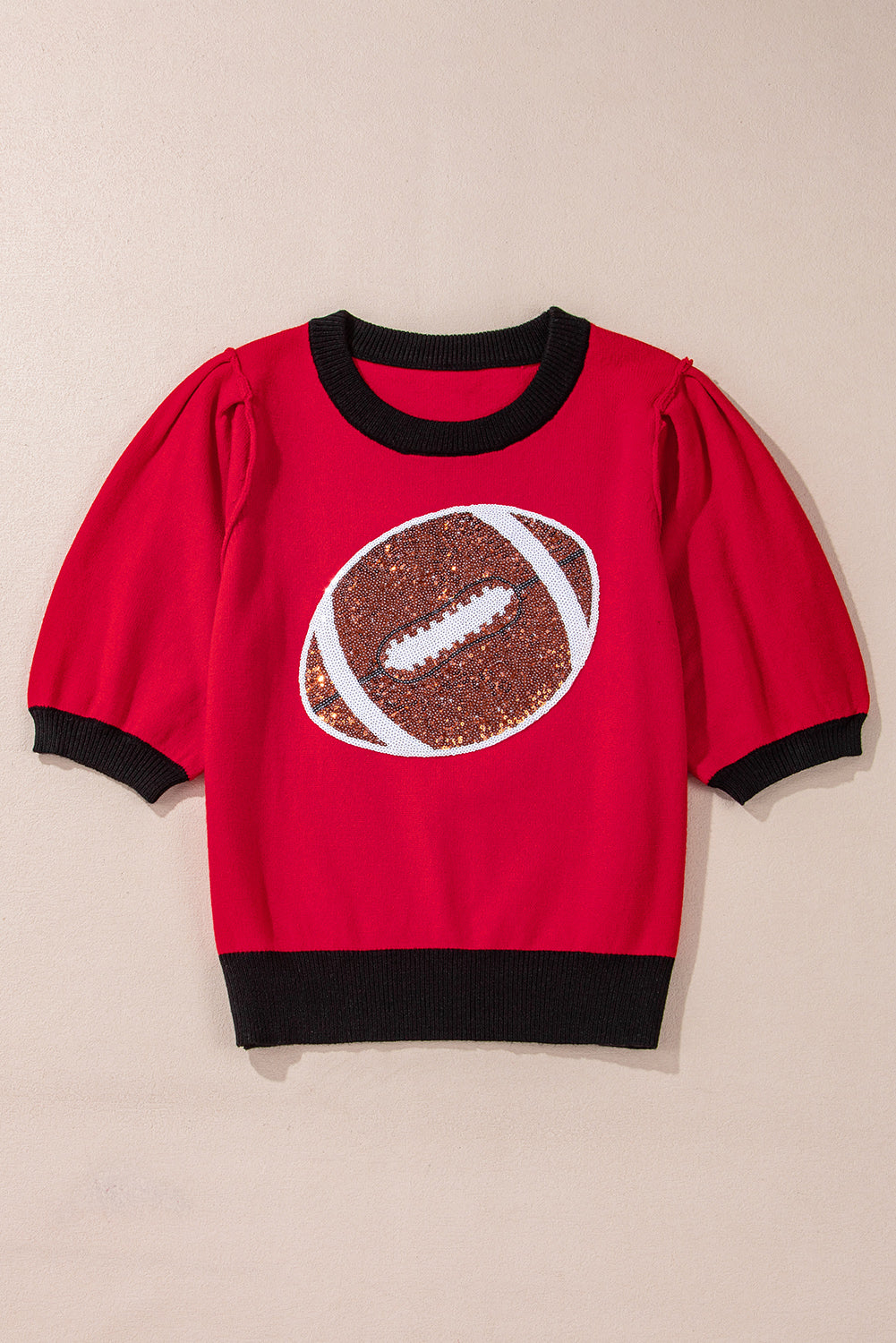 Sequin Rugby Colour Block Puff Short Sleeve Sweater | Red