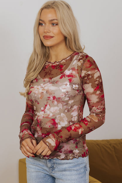 Floral Print Sheer Mesh Long Sleeve Top | Red