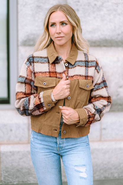 Plaid Corduroy Flap Pockets Boxy Chunky Jacket | Khaki