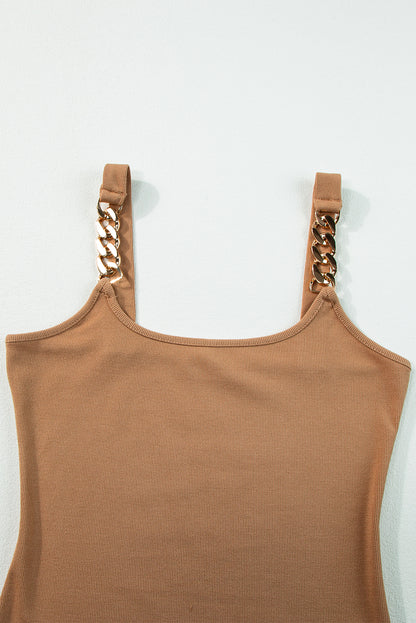 Gold Chain Straps Rib Knit Tank Top | Brown