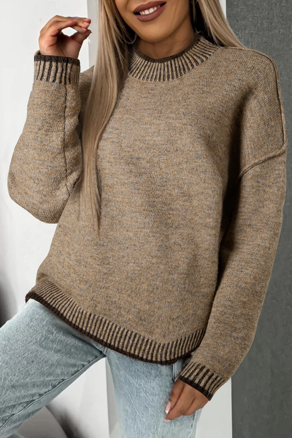 Contrast Trim Mock Neck Drop Shoulder Sweater | Pale Khaki