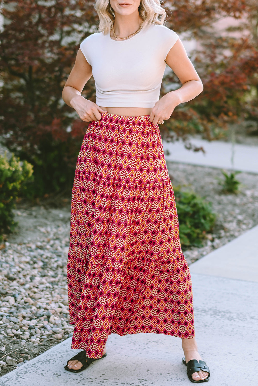 Vintage Boho Floral Print Tiered Maxi Skirt | Rose