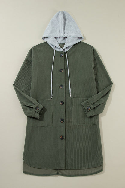 Oversized Corduroy Contrast Hooded Shacket | Jungle Green