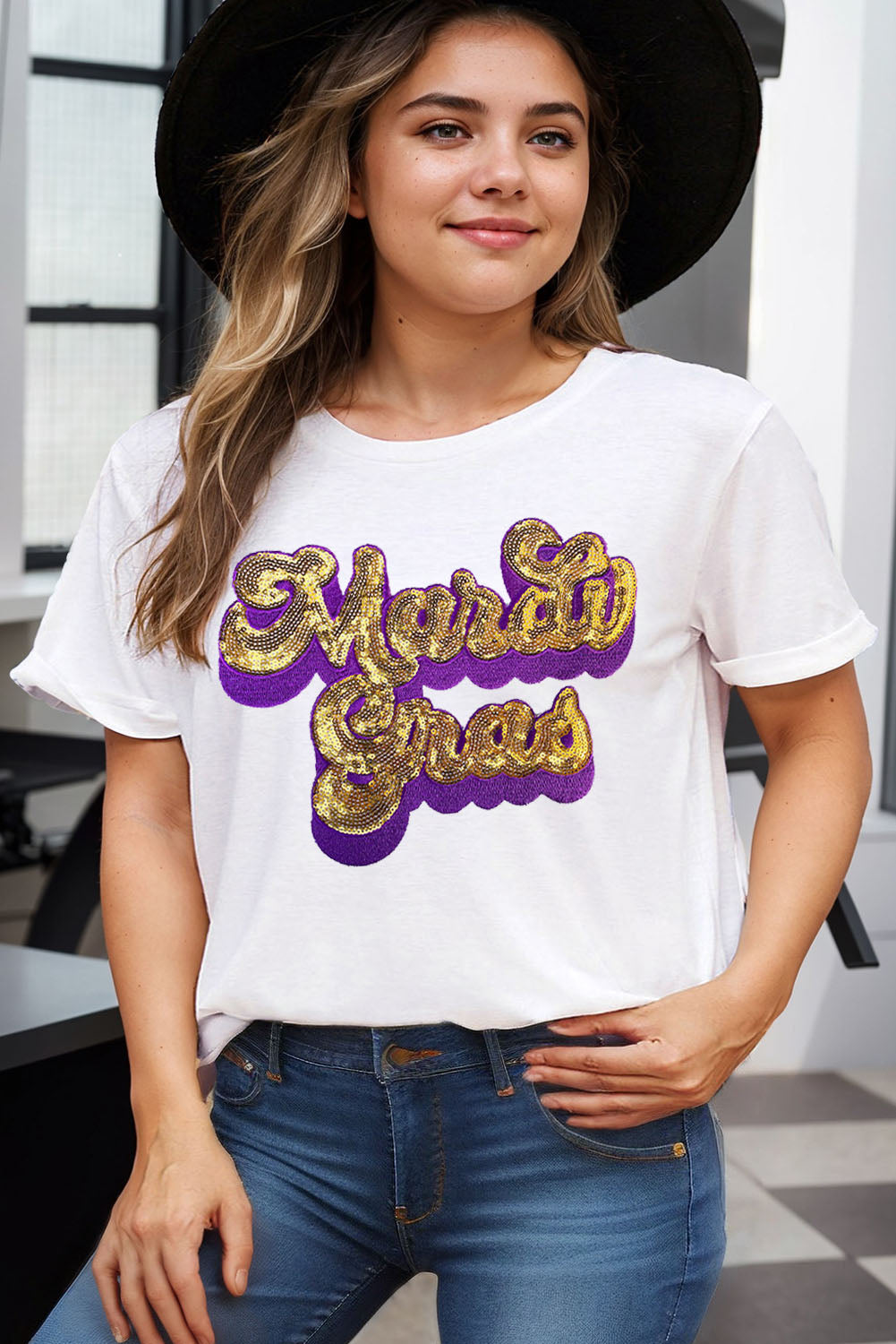 Mardi Gras Sequin Chenille Graphic Plus Size Tee | White