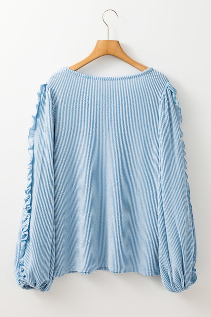 Corded Frilly Puff Sleeve Round Neck Blouse | Mist Blue