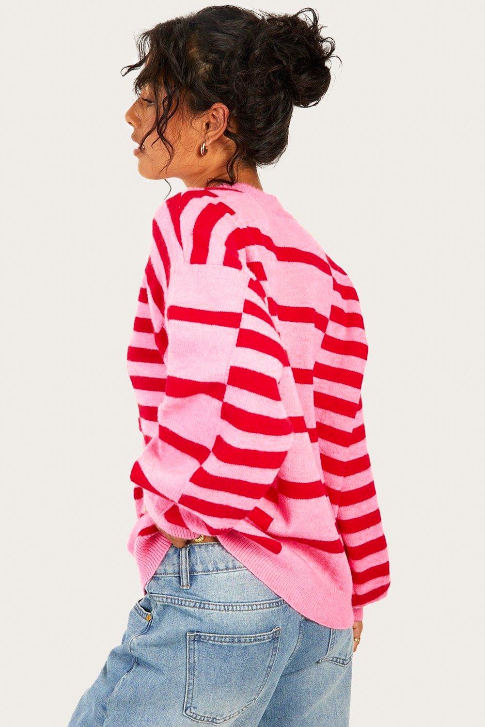 Bubble Sleeve Drop Shoulder Ribbed Trim Sweater | Pink Stripe