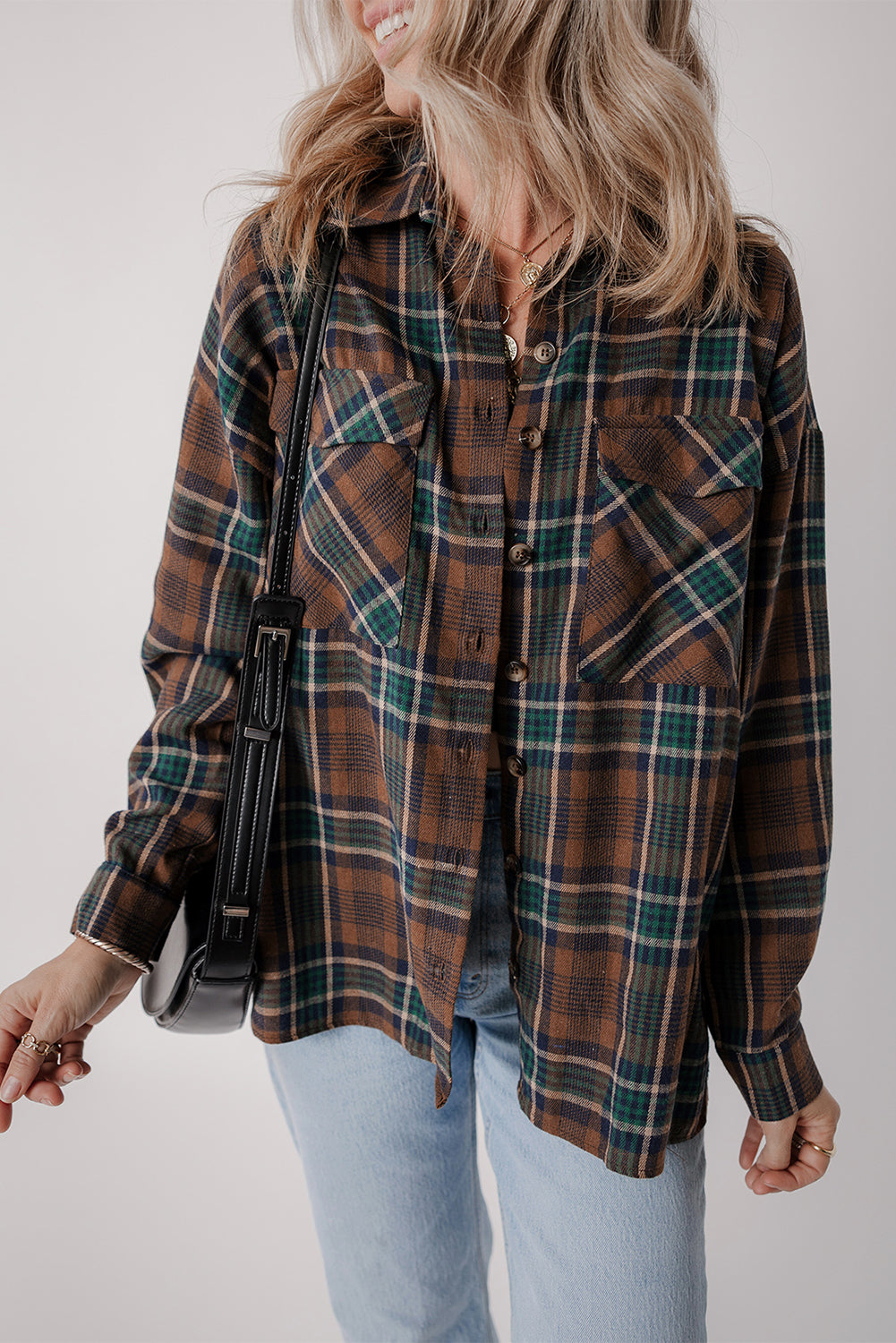 Plaid Print Chest Pockets Buttoned Shirt Jacket | Brown