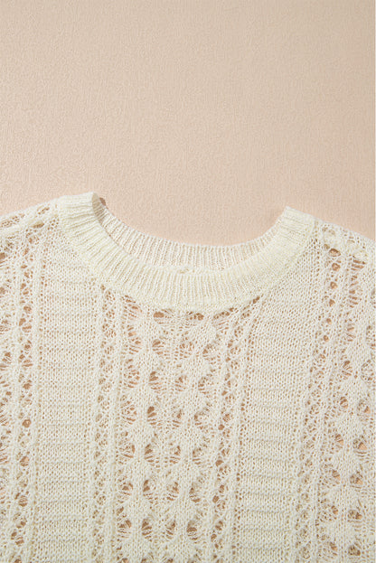 Hollow Out Knit Bracelet Sleeve Drop Shoulder Sweater | White