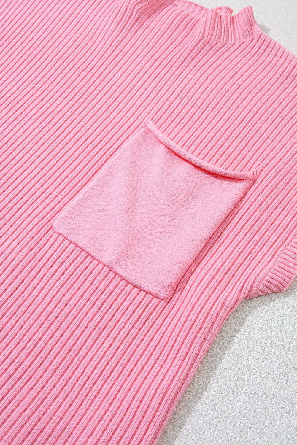 Patch Pocket Ribbed Knit Short Sleeve Sweater | Pink