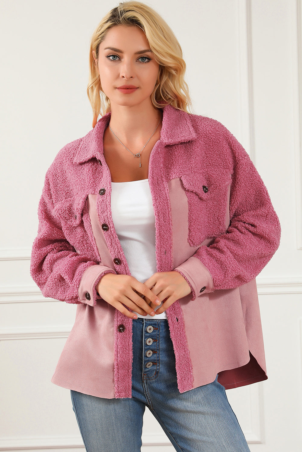 Colourblock Buttoned Flap Pocket Sherpa Shacket | Pink