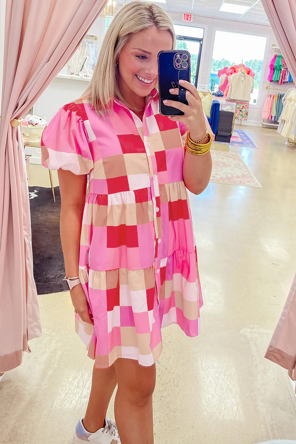 Plaid Print Puff Sleeve Buttoned Tiered Dress | Pink