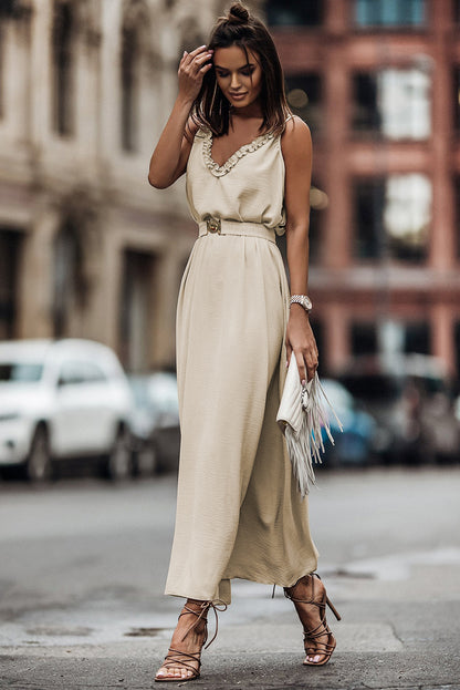 V Neck Sleeveless Maxi Dress With Elastic Belt | Apricot