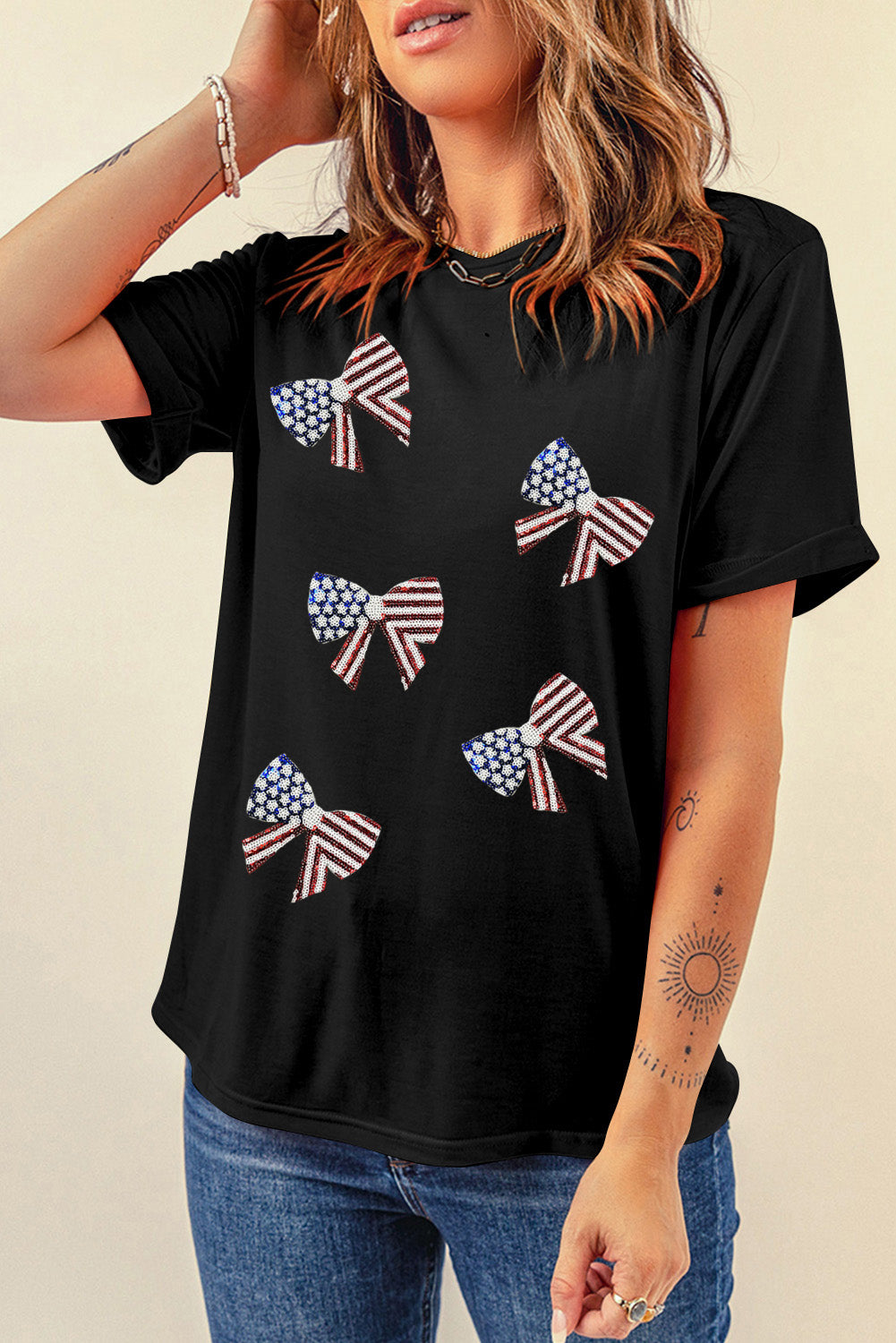 Sequined Flag Bowknot Graphic T Shirt | Black