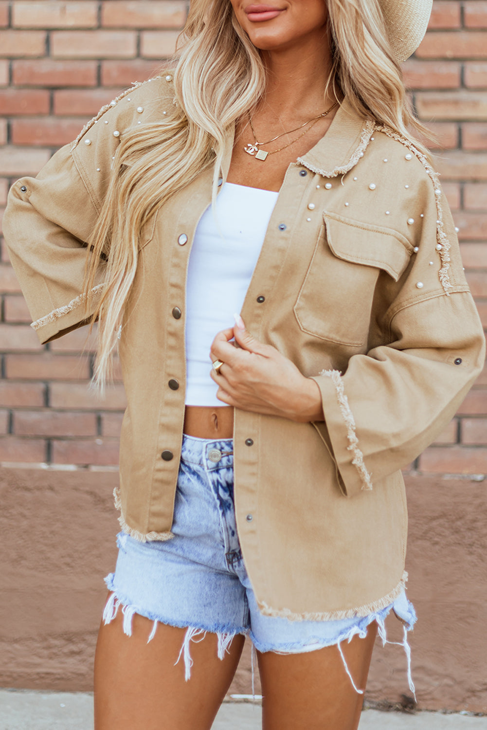 Pearl Beaded Raw Hem Button Up Denim Jacket | Khaki