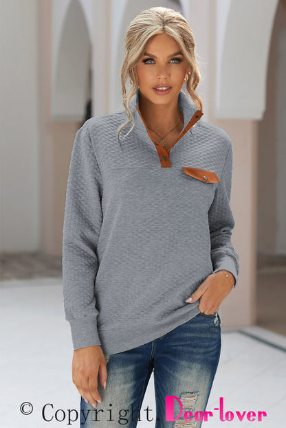 Quilted Snaps Stand Neck Pullover Sweatshirt With Fake Front Pocket | Gray