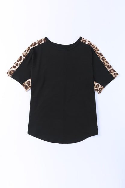 Leopard Splicing O-Neck Short Sleeve T Shirt | Black