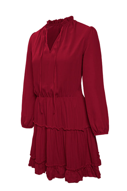 V Neck Long Sleeve Ruffle Tiered Mini Dress | Red