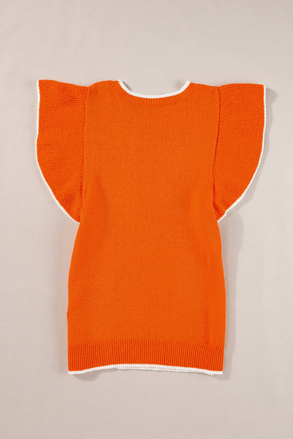 Contrast Trim Ruffle Sleeve Knitted Top | Russet Orange