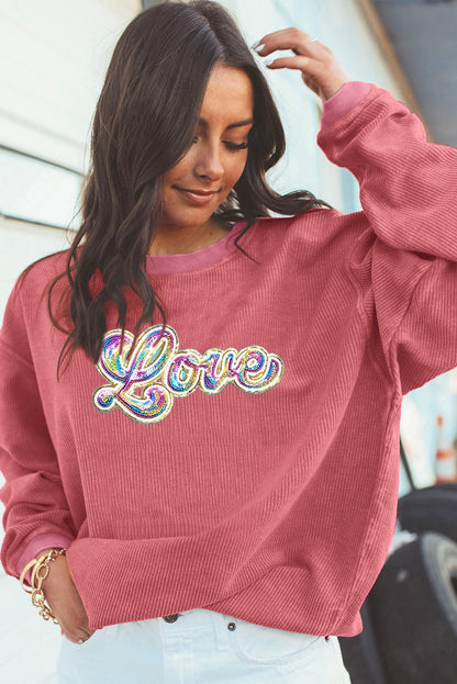 Sequin Love Graphic Drop Shoulder Corded Valentines Sweatshirt | Strawberry Pink