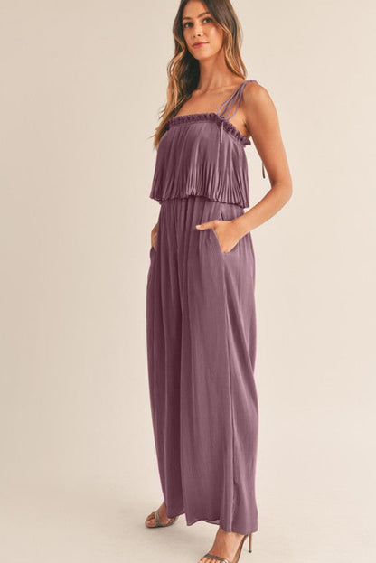 Solid Self Tied Straps Pleated Wide Leg Jumpsuit | Rose Tan