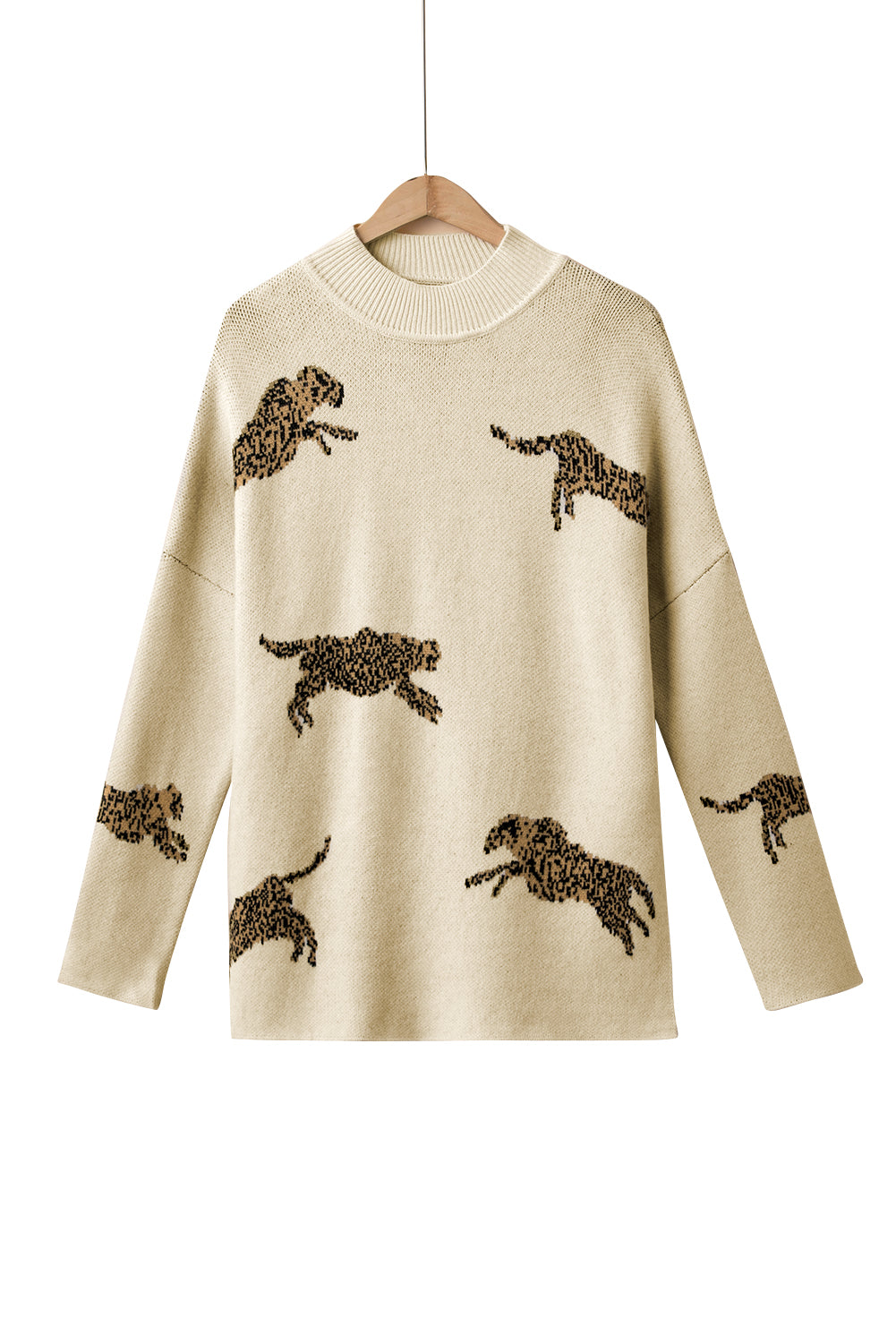 Lively Cheetah Print High Neck Split Hem Sweater | Parchment