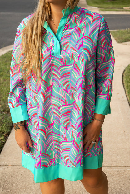 Plus Size Palm Pattern Long Sleeve Shift Dress | Green