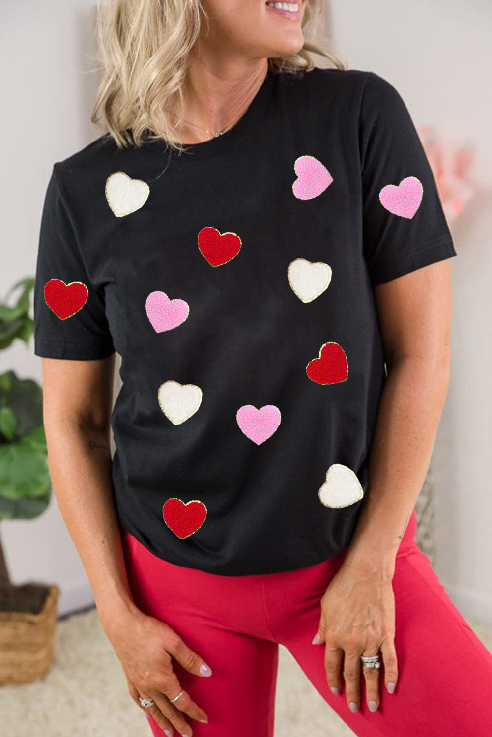 Valentines Chenille Heart Patched Pattern Crewneck Tee | Black