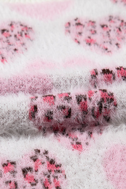 Heart Leopard Print Pearled Ribbed Trim Fuzzy Sweater | Pink