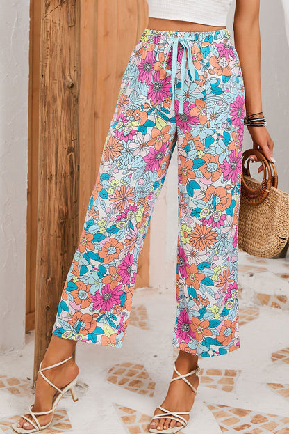 Flower Print Pocketed Drawstring Waist Wide Leg Pants | Multicolour