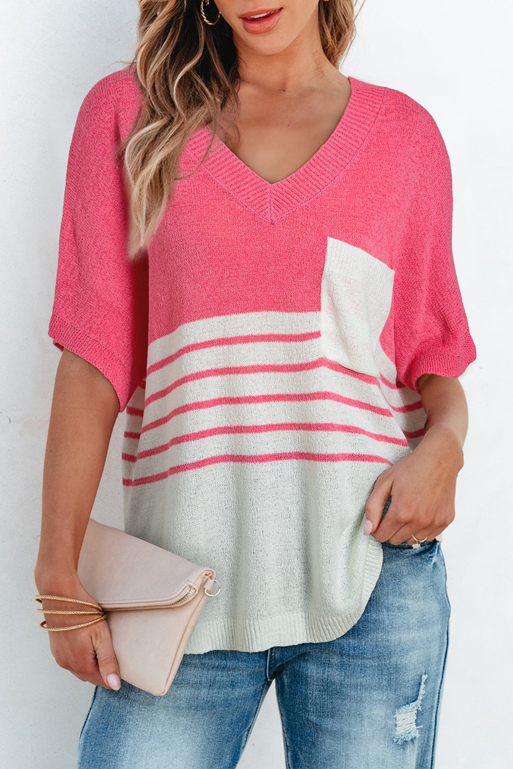 Contrast Stripes V Neck Knitted Short Sleeve Top | Strawberry Pink