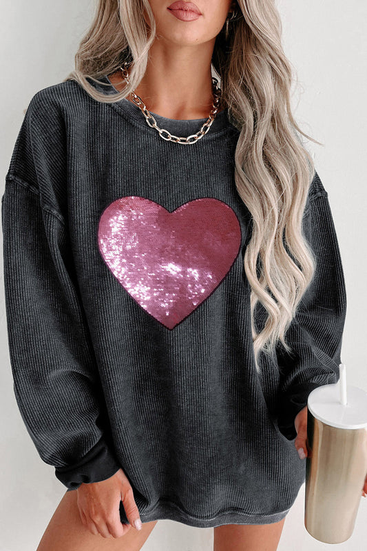 Black Sequin Heart Shaped Crewneck Corded Sweatshirt