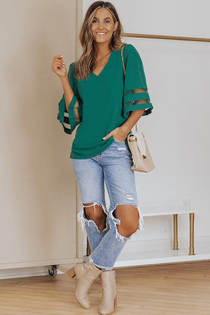 Flare Sleeve V Neck Loose Blouse | Green