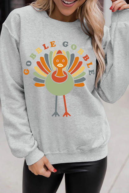 Gobble Gobble Turkey Print Pullover Sweatshirt | Gray