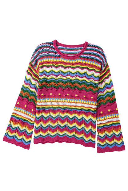 Colourblock Striped Hollowed Knit Loose Sleeve Sweater | Rose Red