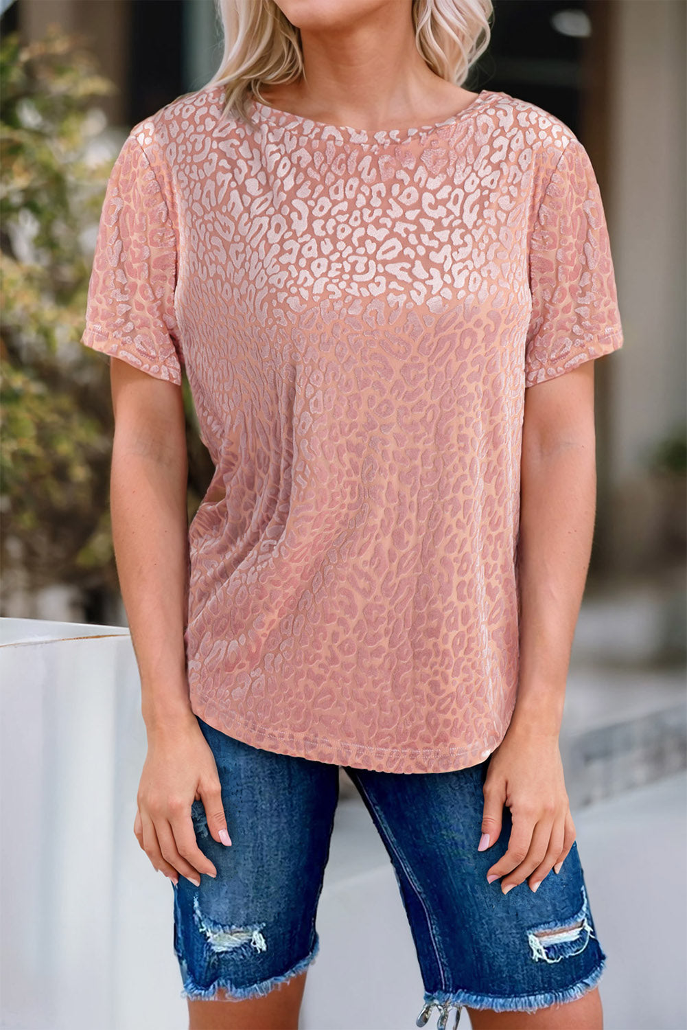 Burnout Velvet Leopard Print Short Sleeve Top | Pink