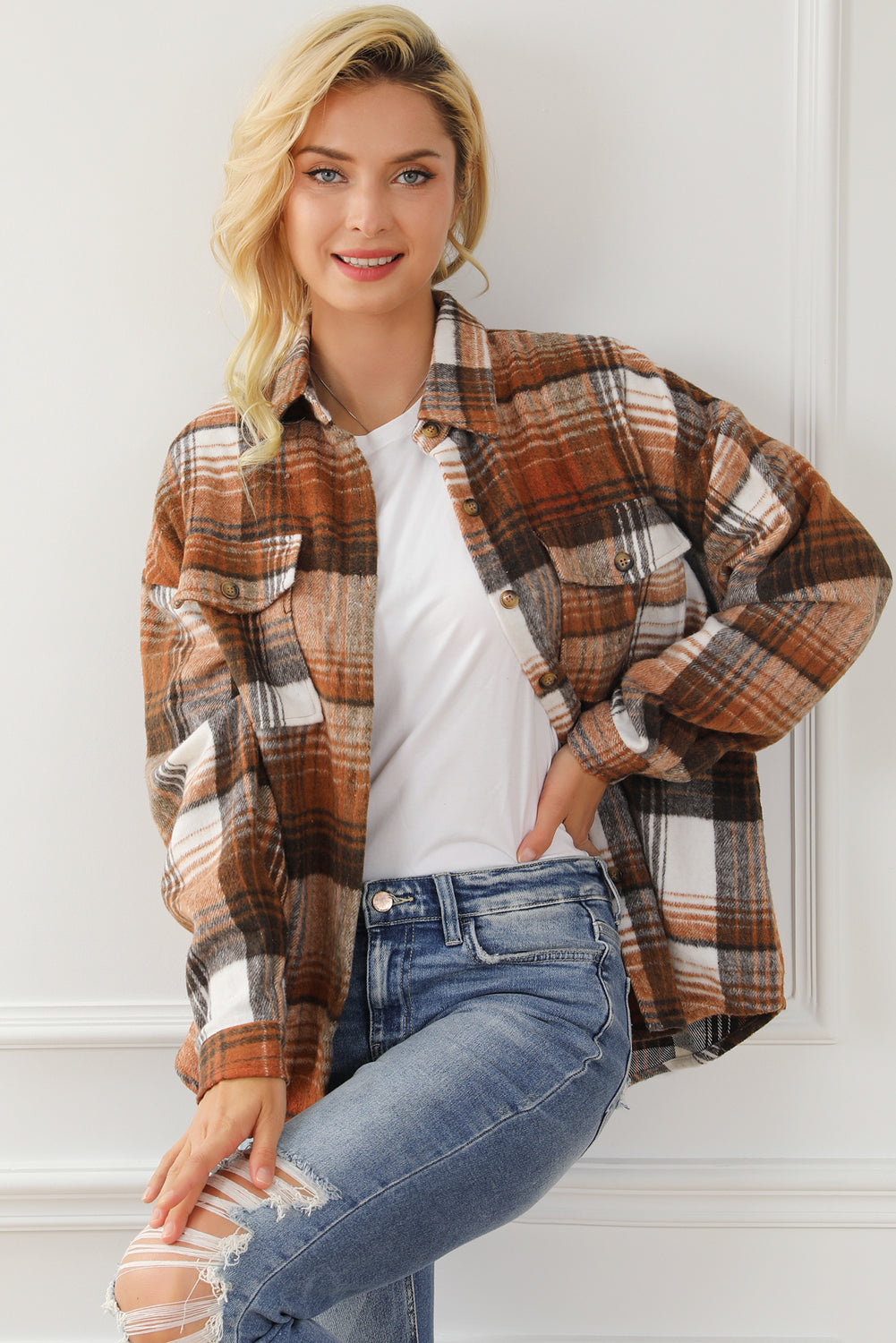 Brown Plaid Flap Pockets Shacket | Gold Flame