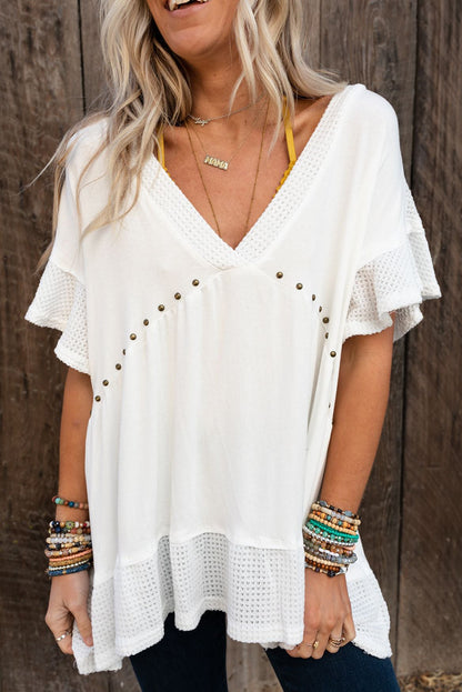 Contrast Knit Splicing V Neck Studded Blouse | White