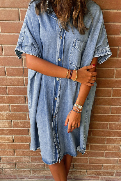 Loose Medium Wash Short Sleeve Shirt Chambray Dress | Light Blue