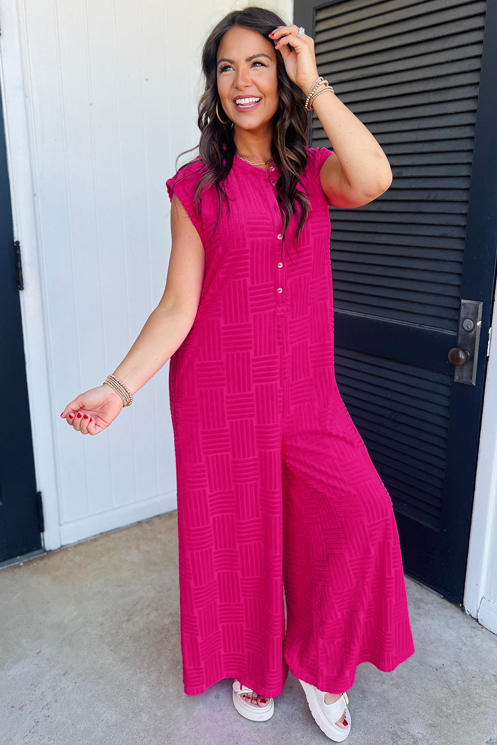 Terry Textured Sleeveless Button Front Wide Leg Jumpsuit | Bright Pink