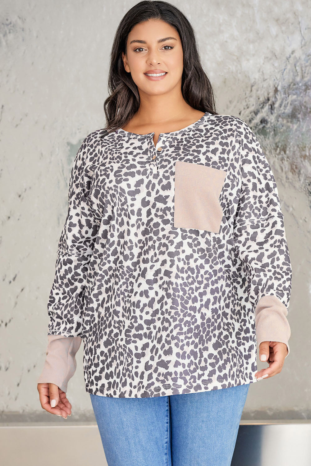 Plus Size Waffle Knit Patchwork Long Sleeve Henley Top | Leopard