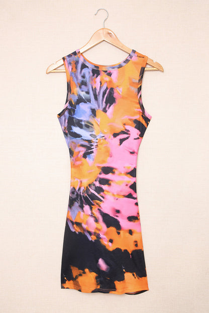 Multicolour Tie-Dye Print Hollow Out Twist Bodycon Mini Dress | Orange