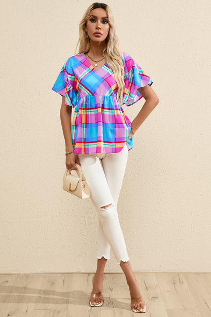 Colourful Plaid V Neck Ruffled Short Sleeve Babydoll Top | Sky Blue