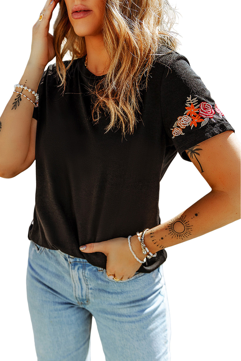 Floral Embroidered Round Neck Short Sleeve T Shirt | Black