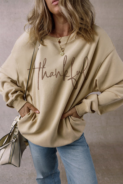 Thankful Embroidered Drop Shoulder Pullover Sweatshirt | Parchment