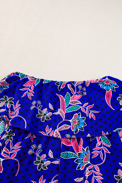 Mix Tropical Print Strapless Ruffled Jumpsuit | Blue