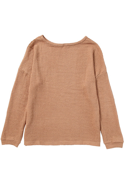 Waffle Knit Drop Shoulder Long Sleeve Top | Khaki